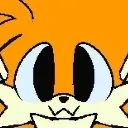 Fox face with large eyes and a wide, toothy, mischievous grin.