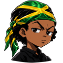 A young boy with a serious, skeptical expression wearing a green and yellow durag.