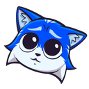 A blue cat face with large, glossy eyes looking upward in a pleading expression.