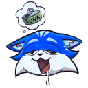 A blue cat with a dazed, drooling expression thinking about a can of tuna.