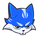 A stylized blue cat head with narrowed eyes and a stern, suspicious expression.