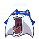 A cartoon creature with blue hair and a white face yawning with its mouth wide open.