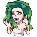 Medusa with snakes for hair giving a thumbs up gesture.