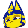 Yellow cat character with blue markings looking sideways with a skeptical and unimpressed expression.