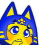 A yellow cat character with a blue pharaonic headdress looking thoughtful with a hand on its chin.