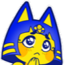 A stylized yellow cat with a blue headdress looking up with large, pleading eyes and hands together.