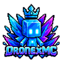 A glowing blue cube character wearing a crown with wings, centered above the text Dronexmc.