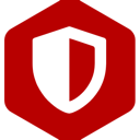Red shield centered inside a white-bordered red hexagon.