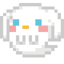 Three identical white pixel-art ghosts with blue eyes and pink cheeks floating in a row.