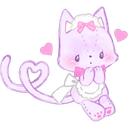 A purple kitten with a heart-shaped tail and a bow on its head, sitting and looking shyly with its paws near its face.