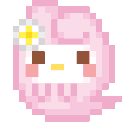 A small pink ghost with a white and yellow flower on its head, smiling softly.