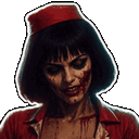 A woman dressed as a waitress with blood on her face and clothes makes a series of menacing expressions.