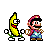 A pixel art banana dancing next to a cheering plumber character.
