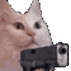A white cat holding a handgun with a muzzle flash effect.