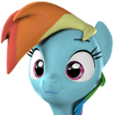 A blue pony with a rainbow mane looks sideways with wide, curious eyes.