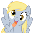 A cartoon pony with yellow hair and a blue coat sticking its tongue out with a goofy, wide-eyed expression.