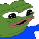 A green frog character dancing side to side with wide eyes.