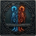 Two skeletons, one glowing blue and one glowing red, stand back-to-back inside a circular frame of dark mechanical gears.