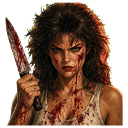 A woman with a fierce expression and blood on her face and white tank top holds a bloody knife.