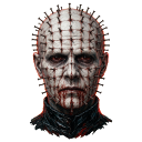 Pinhead with a pale face and numerous metal pins embedded in his head looking directly forward.