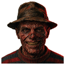 Freddy Krueger with a scarred face and a wide, menacing grin wearing a brown fedora and striped sweater.