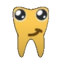 A yellow anthropomorphic tooth with large, wide eyes and a sly, crooked smirk.