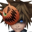 Sora with spiky brown hair wears a jagged orange mask over one eye and shows sharp fangs with a mischievous expression.