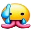 A yellow smiley face with a wide, open mouth featuring multiple pink tentacles and blue drool.