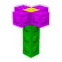 A stylized flower made of purple and green building blocks with a yellow center.