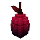 A pixelated dark magenta fruit with a small stem against a black background.