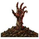 A decaying, skeletal hand emerging from a pile of dark brown soil.