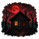 Cabin in the woods under a red moon with a glowing handprint on the door.