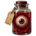 A realistic human eyeball floating in a glass jar of red liquid with a small paper tag attached to the neck.