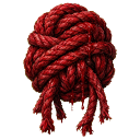A thick red rope tied into a dense, complex knot against a dark background.