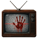 A vintage television set with a red bloody handprint displayed over a screen of white noise static.