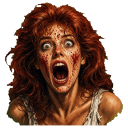 A woman with a terrified expression and blood on her face screaming with her mouth wide open.