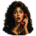 A woman with curly hair looking terrified while holding a red telephone receiver to her ear.