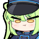 Anime girl with green hair and a military hat making a pouty, annoyed face.
