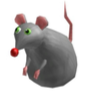 A low-poly gray rodent with a bright red nose and wide green eyes looking slightly to the side.