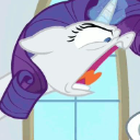Rarity the unicorn pony with a purple mane screaming with an exaggerated, distressed expression.