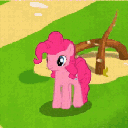 Pink pony performing a rhythmic dance move in a pixel art style.