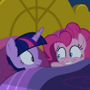 Twilight Sparkle and Pinkie Pie lying in bed together with wide, excited eyes.