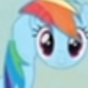 A light blue pony with a rainbow mane and a very long neck stares forward with large, wide eyes.