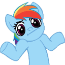 A light blue pony with a rainbow mane shrugging with a confused expression.