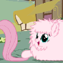 A fluffy pink creature with large eyes rhythmically pats its long pink tail.
