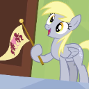 A light gray pony with yellow hair holds a small flag and looks up with a happy expression.
