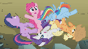 Six colorful cartoon ponies tangled together in a chaotic pixelated heap.