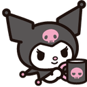 Kuromi holding a skull mug with a grumpy and sassy expression.