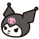 Kuromi with a grumpy, unimpressed expression wearing a black hood with a pink skull.