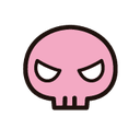A stylized pink skull with angry, slanted white eyes on a black background.